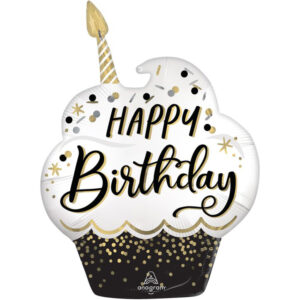 29-Inch Happy Birthday Black-Silver-Gold Cupcake